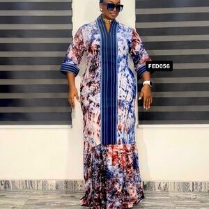 Abstract Blue & Red Maxi Dress with Navy Stripe Trim